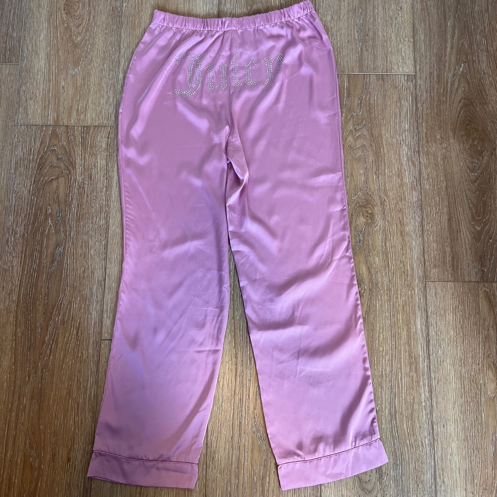 Juicy Couture Pink Satin Pajama Pants Rhinestone Logo Sleepwear Size L‎